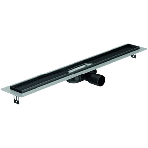 ACO Comfort Nero 585 mm alacsony beépítési magasságú folyóka szigetelőgallérral, vízszintes merőleges csőcsatlakozással 9010.91.07