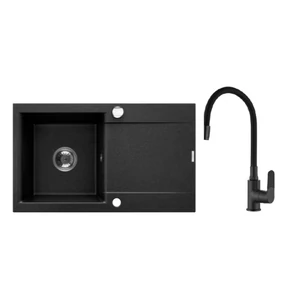 Invena TESALIA gránit mosogató, 1 medencés, hosszú csepptálcás, JOGA PLUS csapteleppel, fekete AZ-01-043-SET