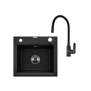 Invena TESALIA gránit mosogató, 1 medencés, csepptálca nélküli, JOGA PLUS csapteleppel, fekete AZ-01-041-SET