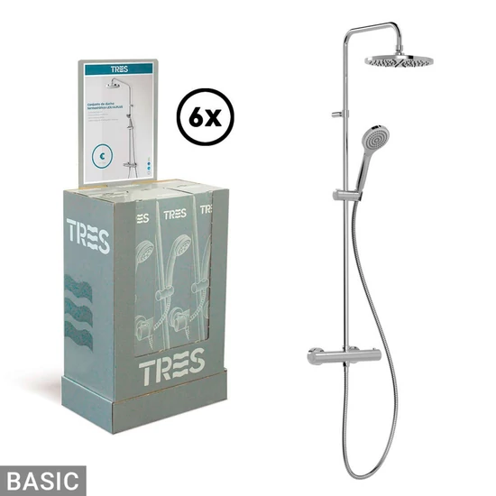 Tres Base termosztátos zuhanyrendszer króm fejzuhany d=22 cm, kézizuhany, gégecső